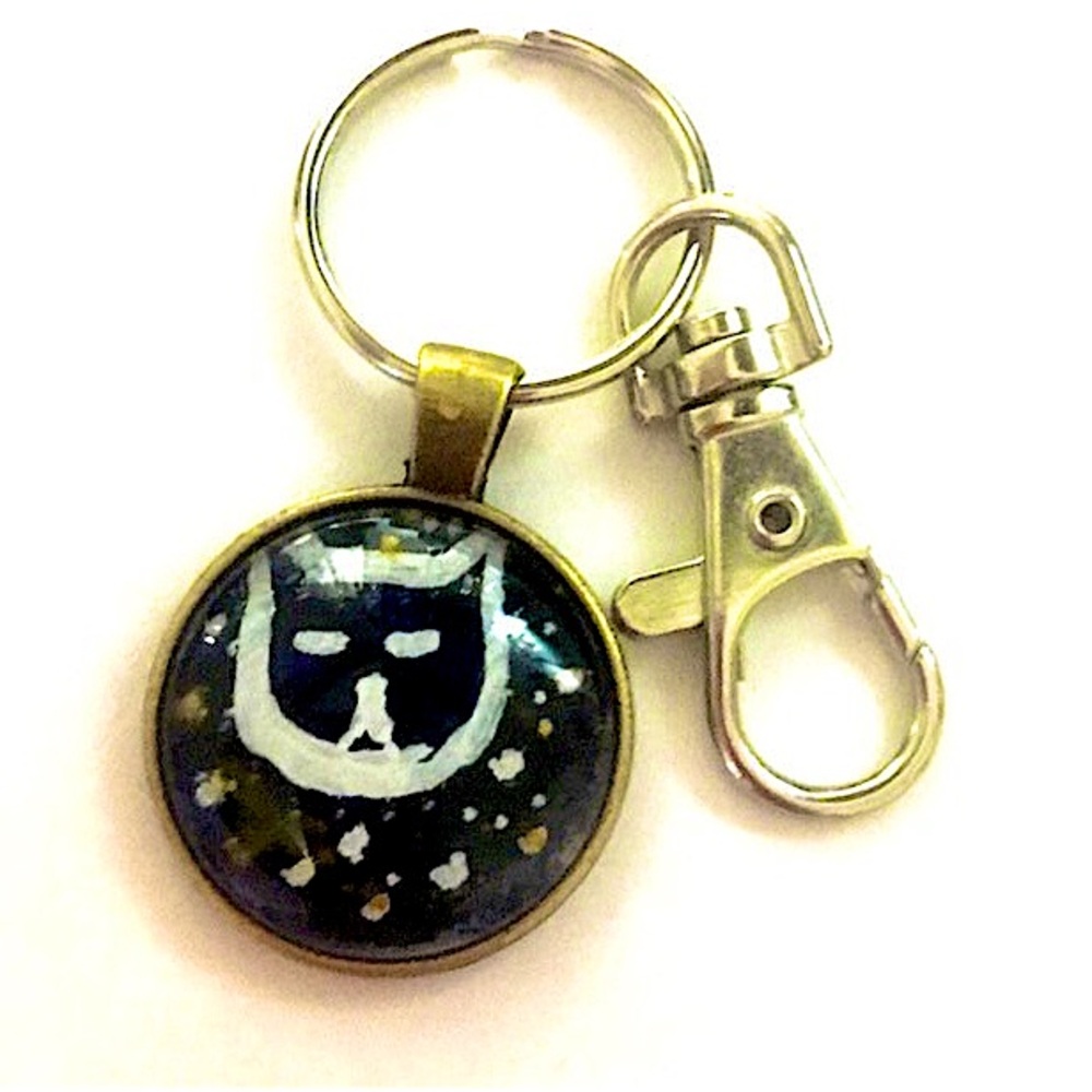 Space cat keychain pendant cabochon cat face in the stars handmade